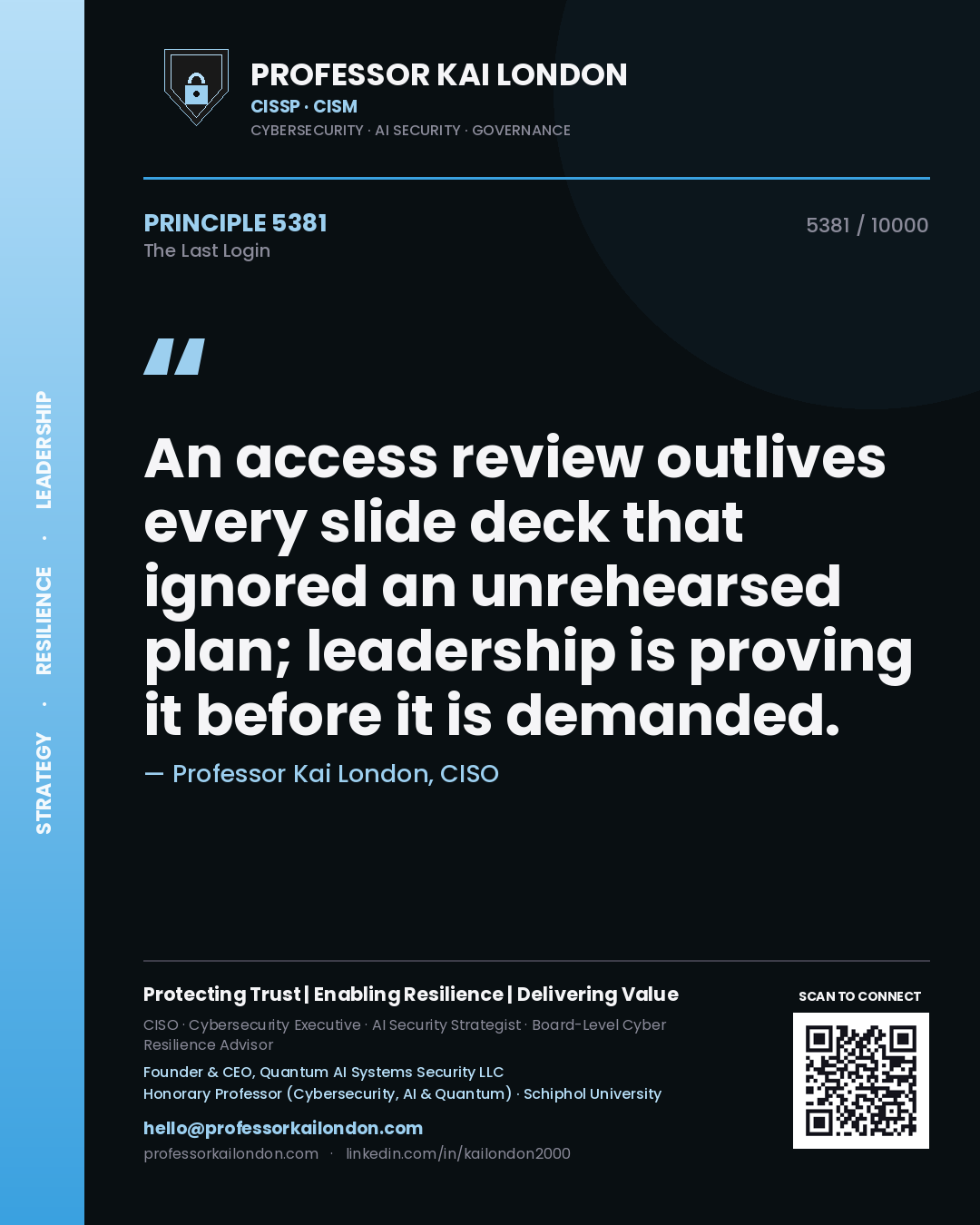 Quote card by Professor Kai London reading 'An access review outlives every slide deck that ignored an unrehearsed plan; leadership is proving it before it is demanded.'. From the book The Last Login.