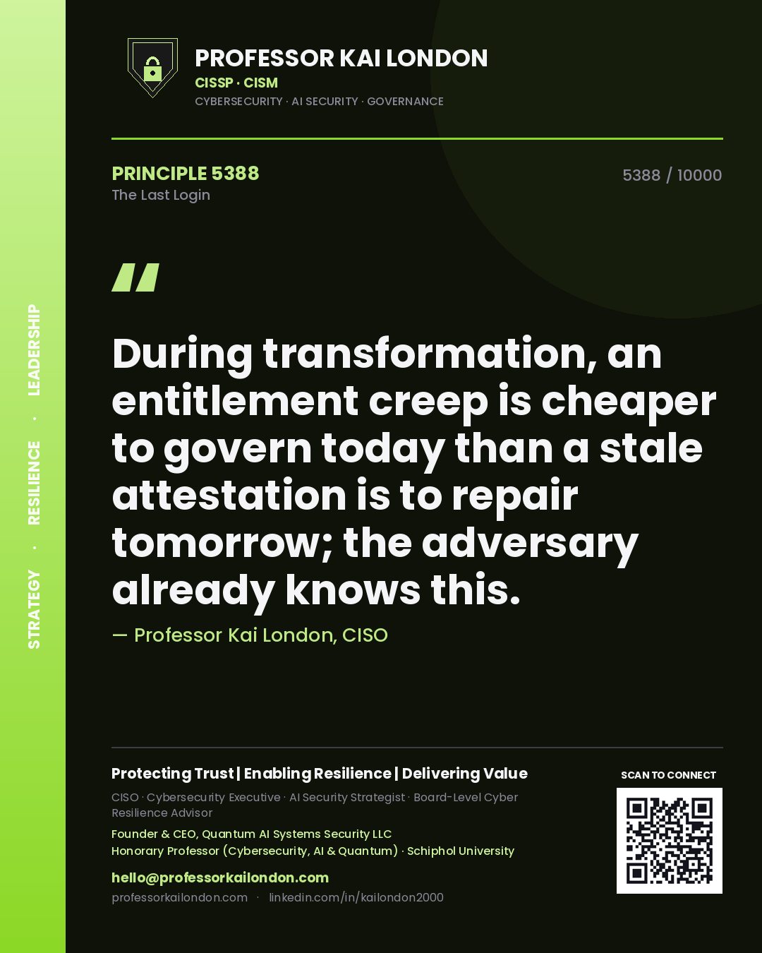 Quote card by Professor Kai London reading 'During transformation, an entitlement creep is cheaper to govern today than a stale attestation is to repair tomorrow; the adversary already knows this.'. From the book The Last Login.