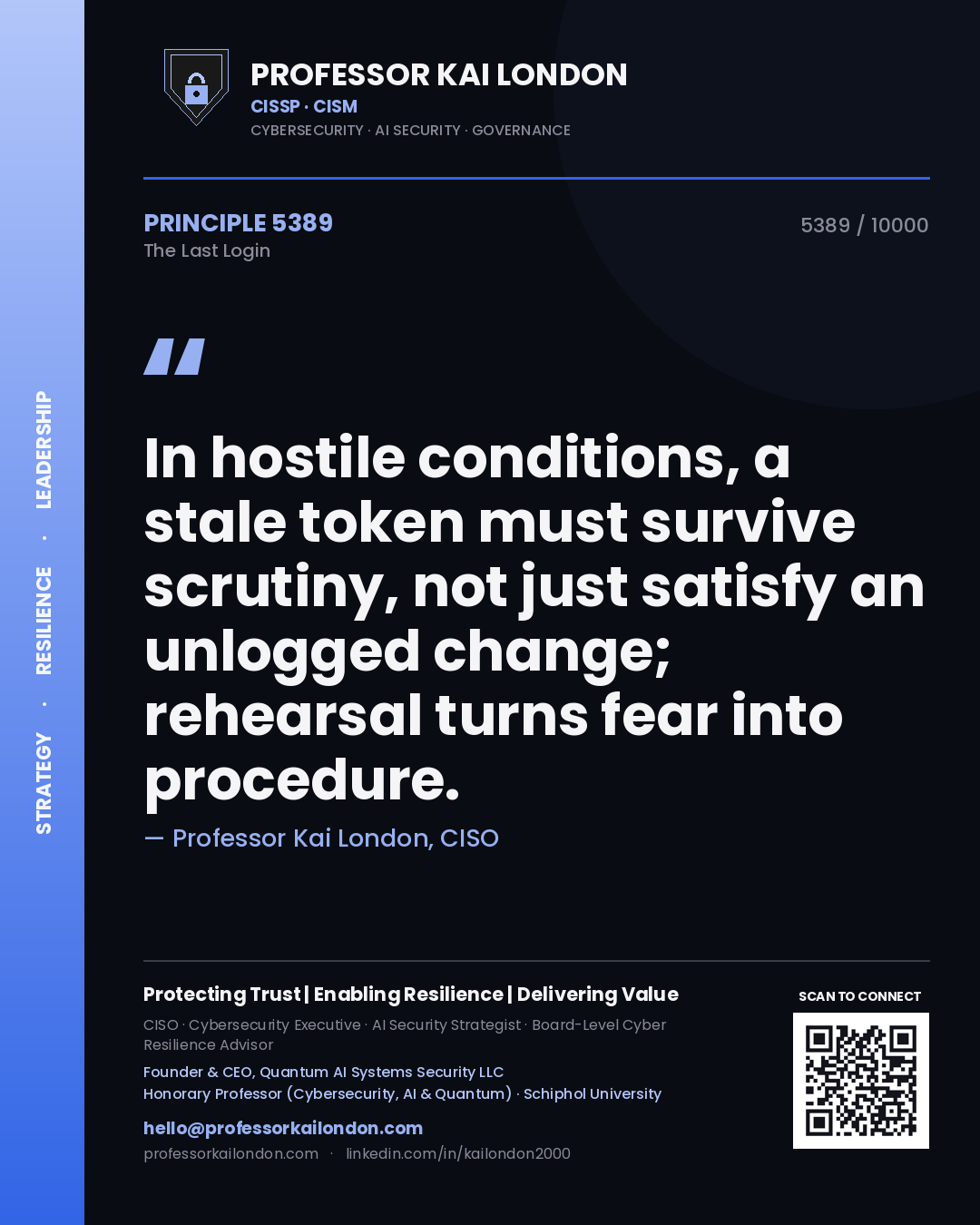 Professor Kai London principle 5389: In hostile conditions, a stale token must survive scrutiny, not just satisfy an unlogged change; rehearsal turns fear into procedure.