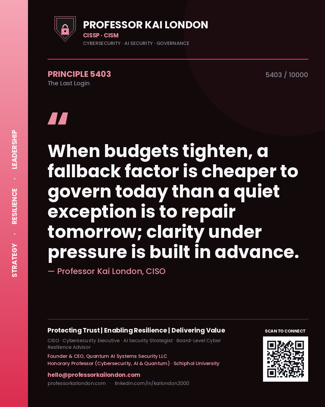 Professor Kai London principle 5403: When budgets tighten, a fallback factor is cheaper to govern today than a quiet exception is to repair tomorrow; clarity under pressure is built in advance.