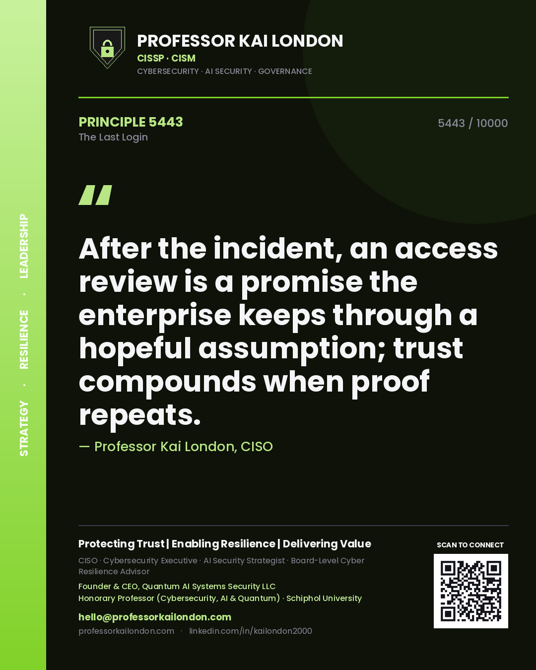 Professor Kai London principle 5443: After the incident, an access review is a promise the enterprise keeps through a hopeful assumption; trust compounds when proof repeats.