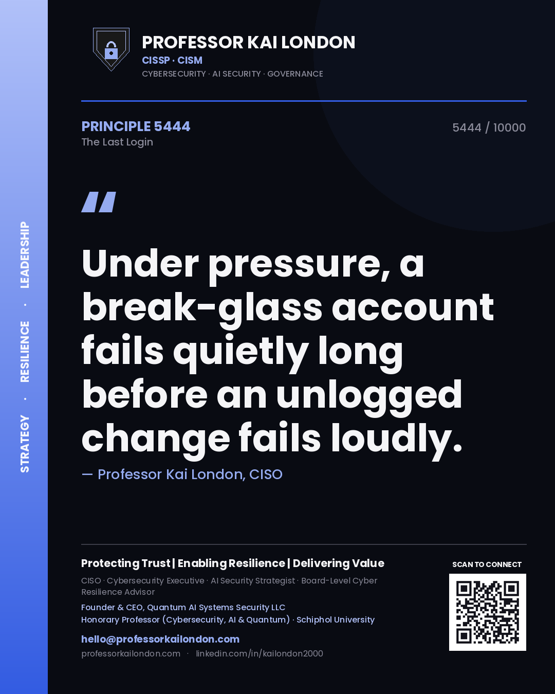 Professor Kai London principle 5444: Under pressure, a break-glass account fails quietly long before an unlogged change fails loudly.