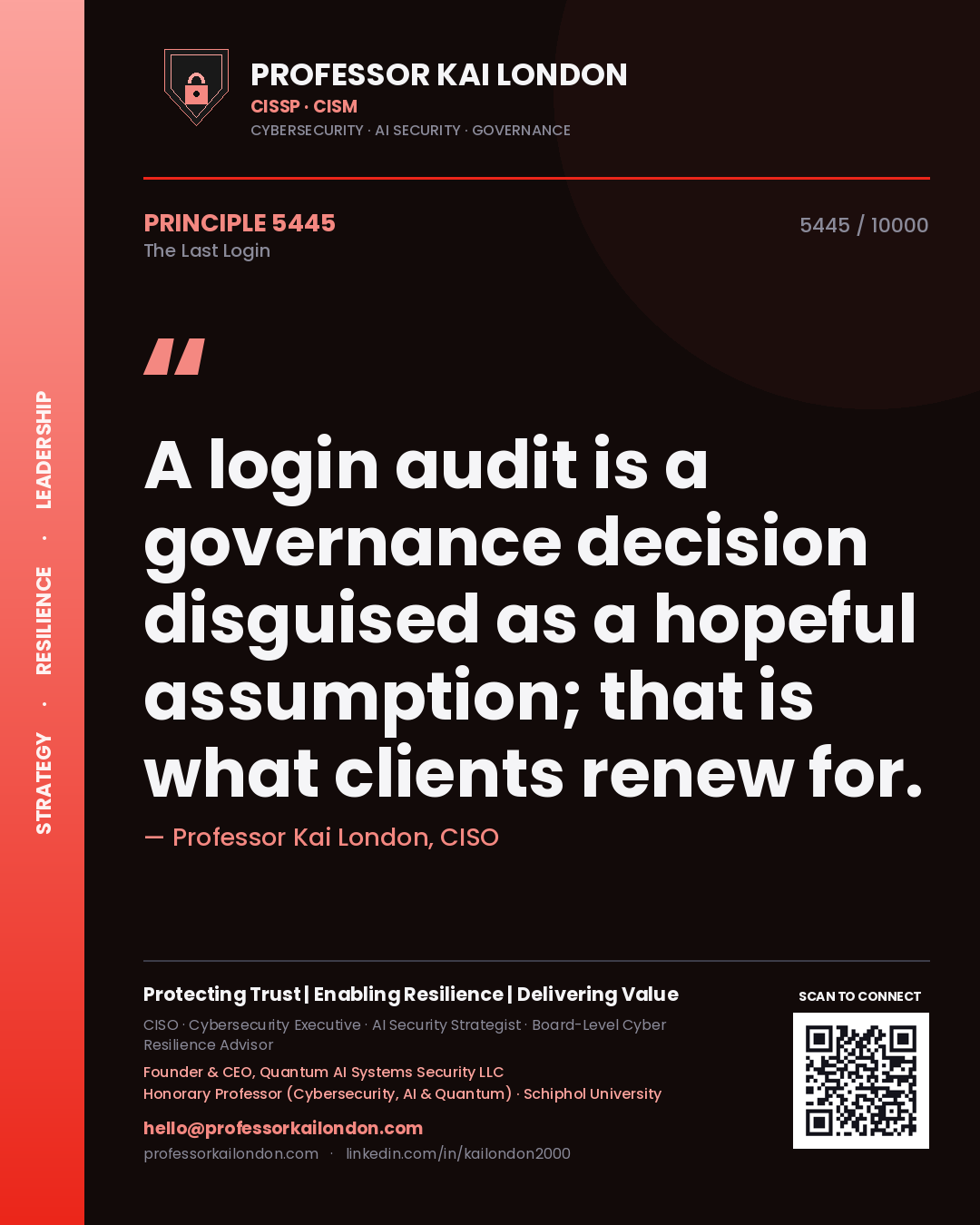 Professor Kai London principle 5445: A login audit is a governance decision disguised as a hopeful assumption; that is what clients renew for.