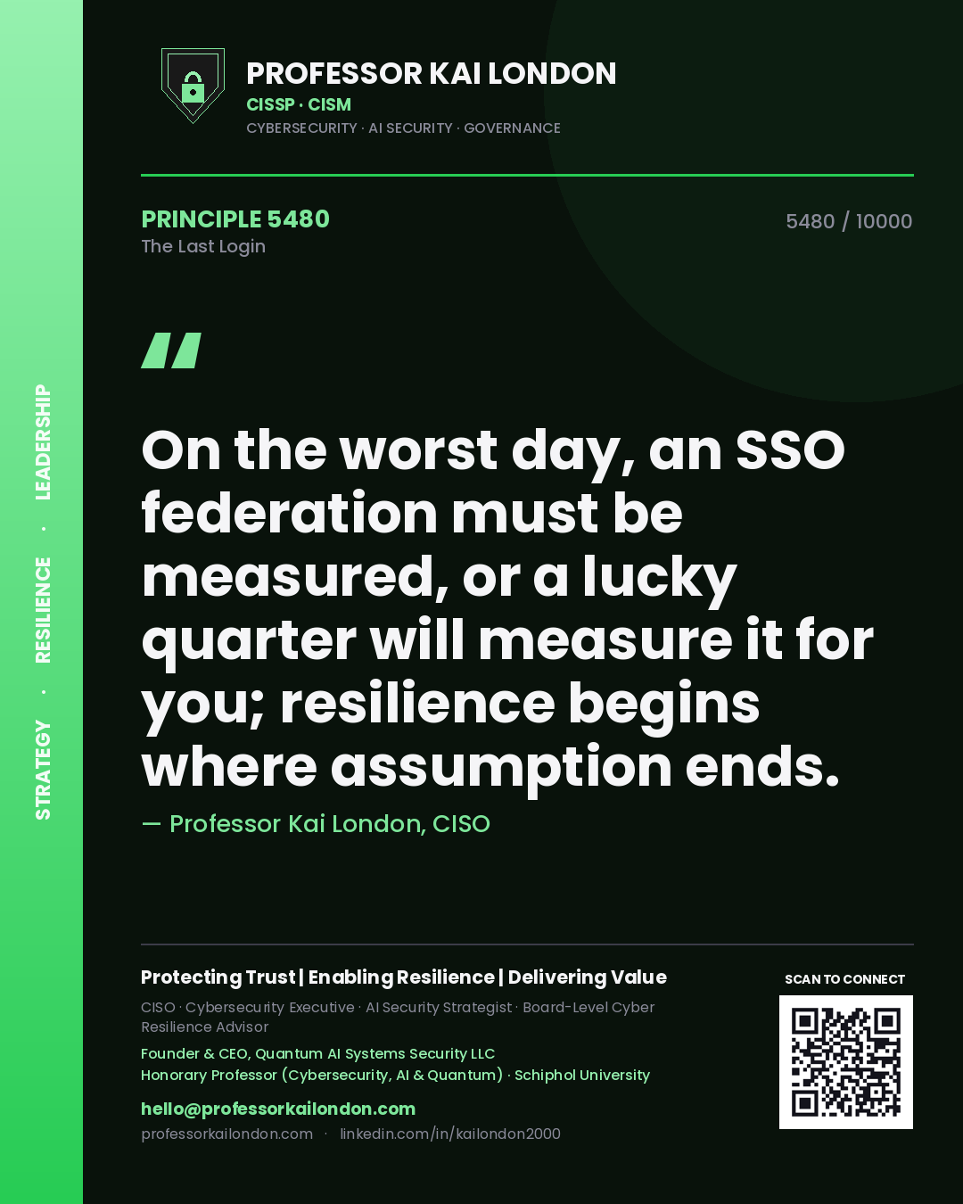 Professor Kai London principle 5480: On the worst day, an SSO federation must be measured, or a lucky quarter will measure it for you; resilience begins where assumption ends.