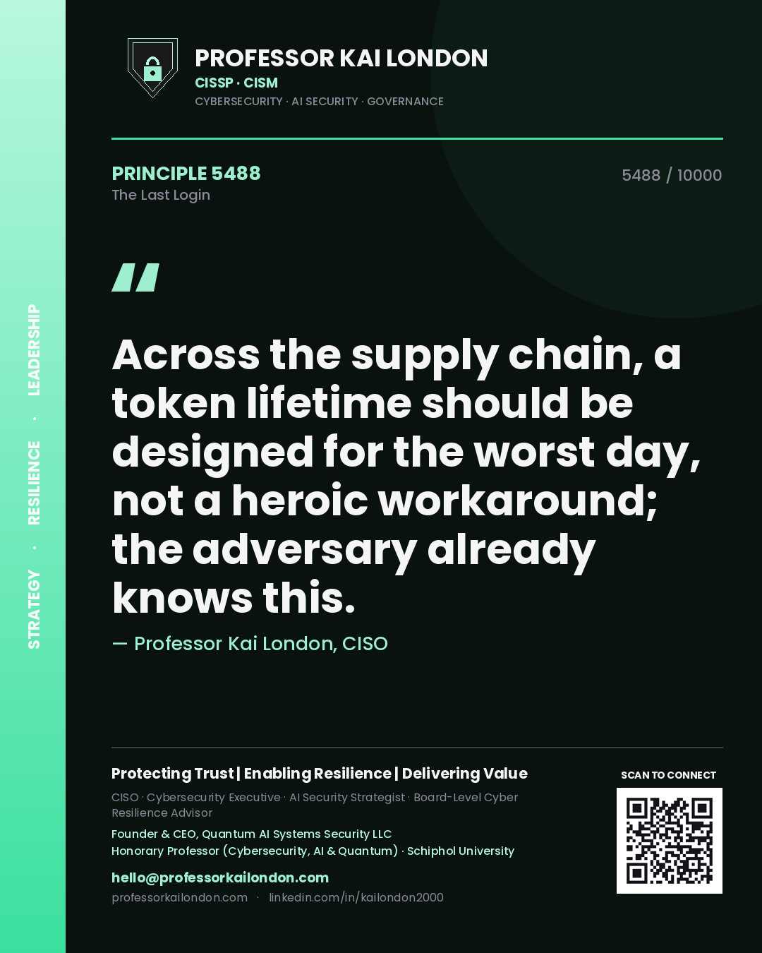 Professor Kai London principle 5488: Across the supply chain, a token lifetime should be designed for the worst day, not a heroic workaround; the adversary already knows this.
