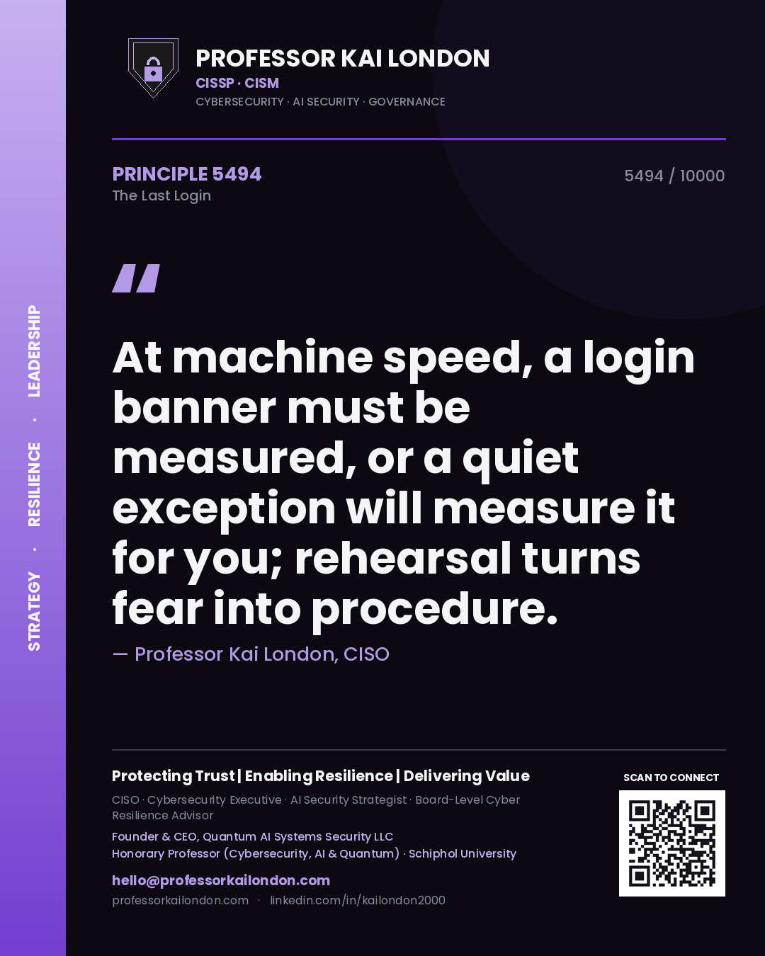 Professor Kai London principle 5494: At machine speed, a login banner must be measured, or a quiet exception will measure it for you; rehearsal turns fear into procedure.