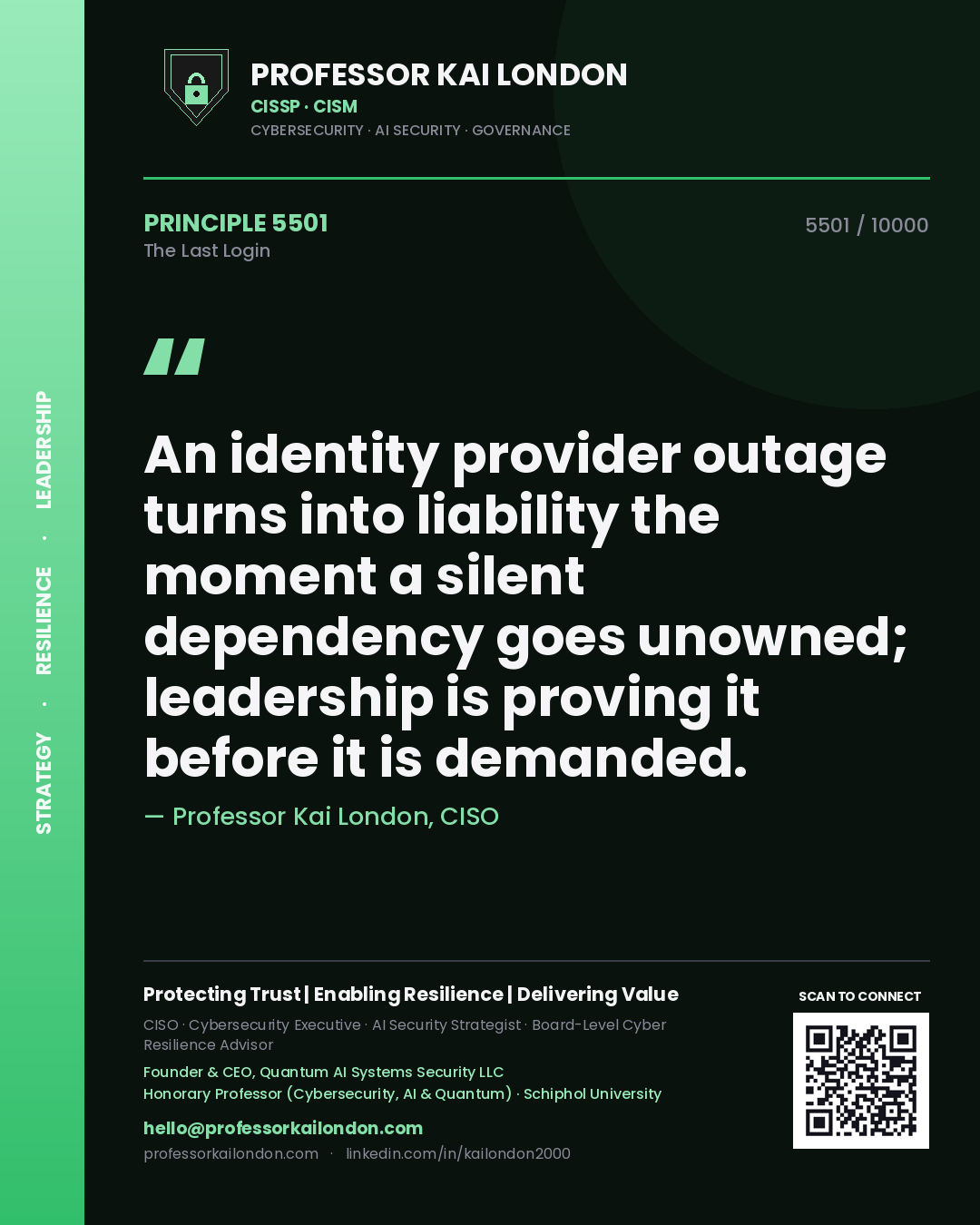 Professor Kai London principle 5501: An identity provider outage turns into liability the moment a silent dependency goes unowned; leadership is proving it before it is demanded.