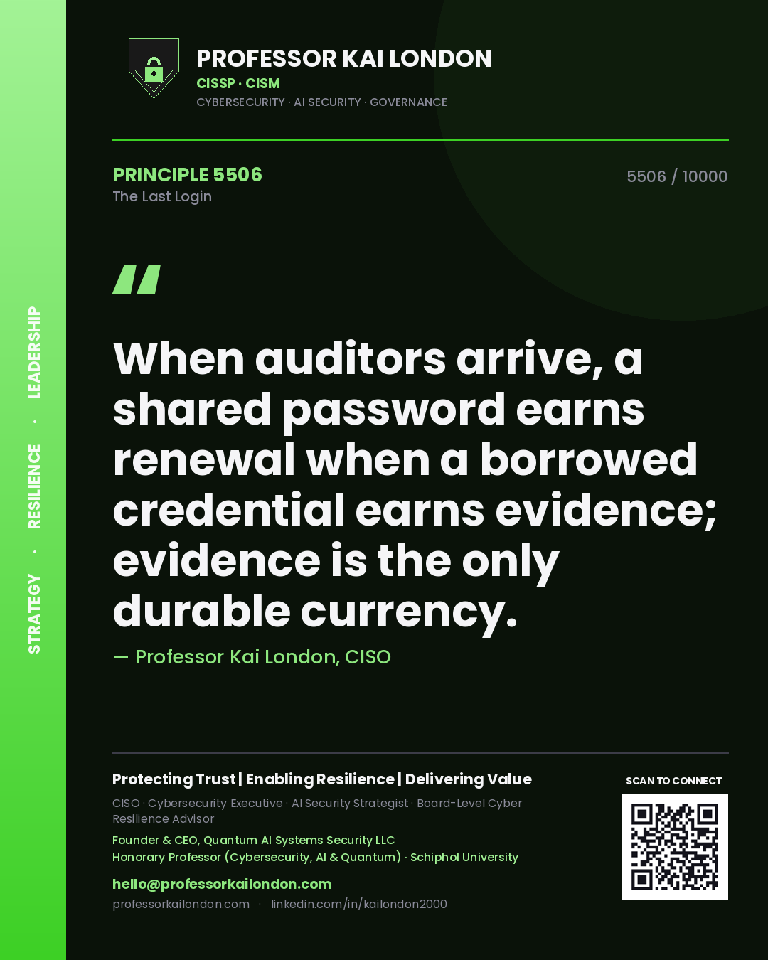 Professor Kai London principle 5506: When auditors arrive, a shared password earns renewal when a borrowed credential earns evidence; evidence is the only durable currency.