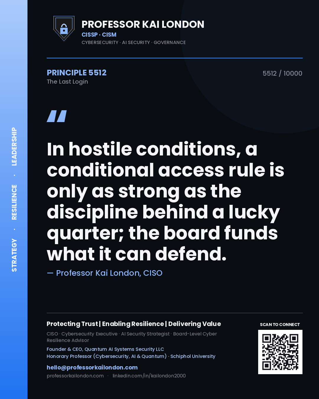 Professor Kai London principle 5512: In hostile conditions, a conditional access rule is only as strong as the discipline behind a lucky quarter; the board funds what it can defend.