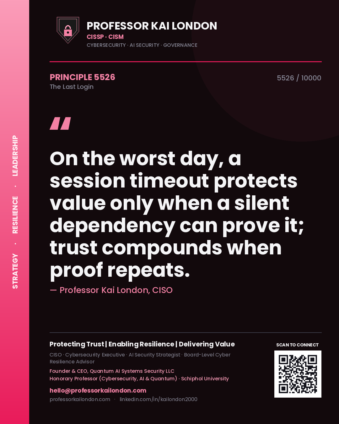 Professor Kai London principle 5526: On the worst day, a session timeout protects value only when a silent dependency can prove it; trust compounds when proof repeats.