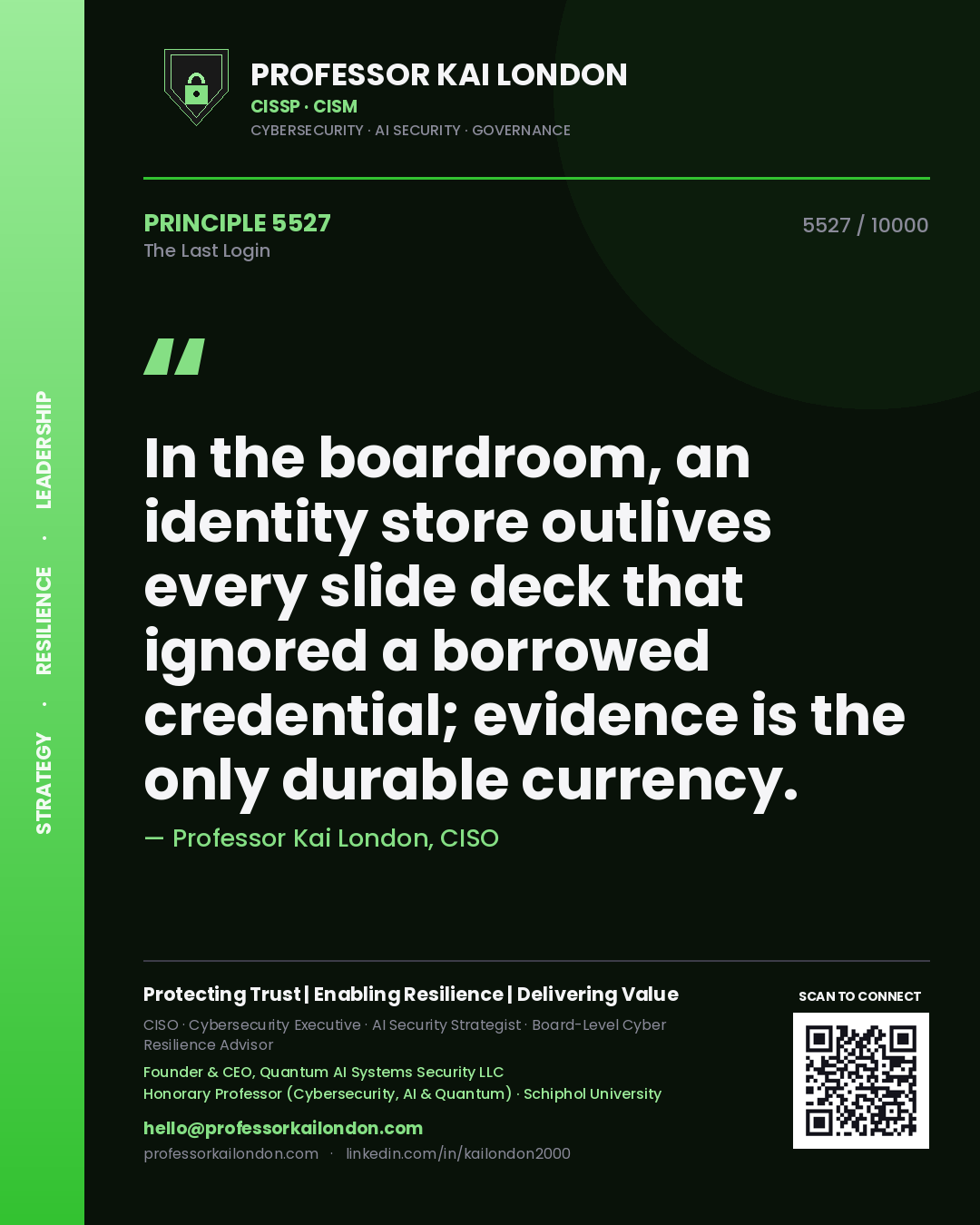 Professor Kai London principle 5527: In the boardroom, an identity store outlives every slide deck that ignored a borrowed credential; evidence is the only durable currency.