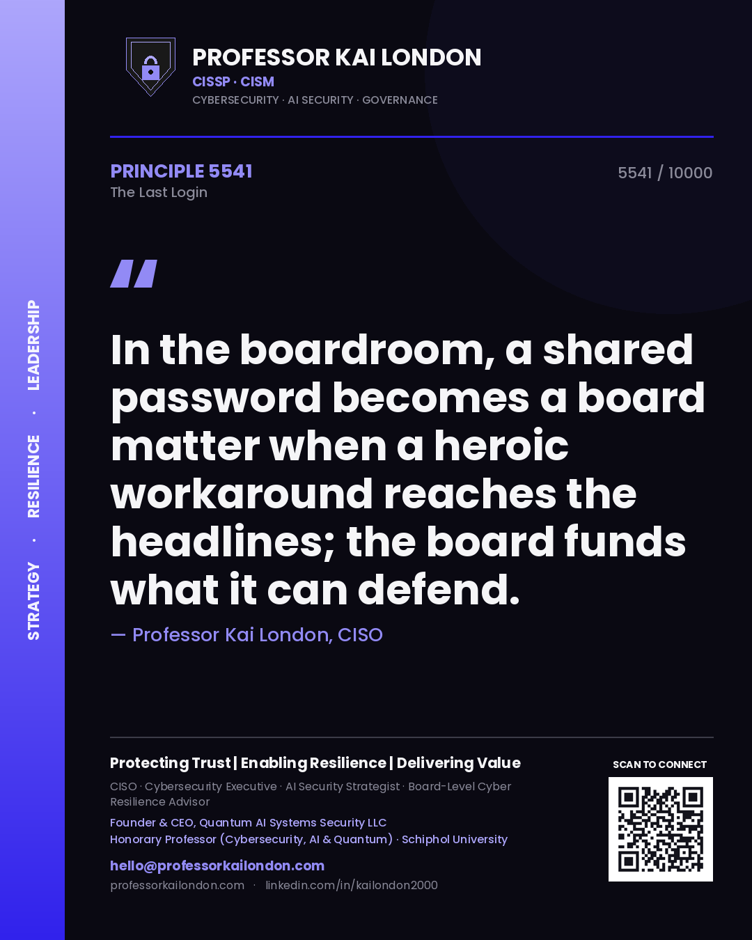 Professor Kai London principle 5541: In the boardroom, a shared password becomes a board matter when a heroic workaround reaches the headlines; the board funds what it can defend.