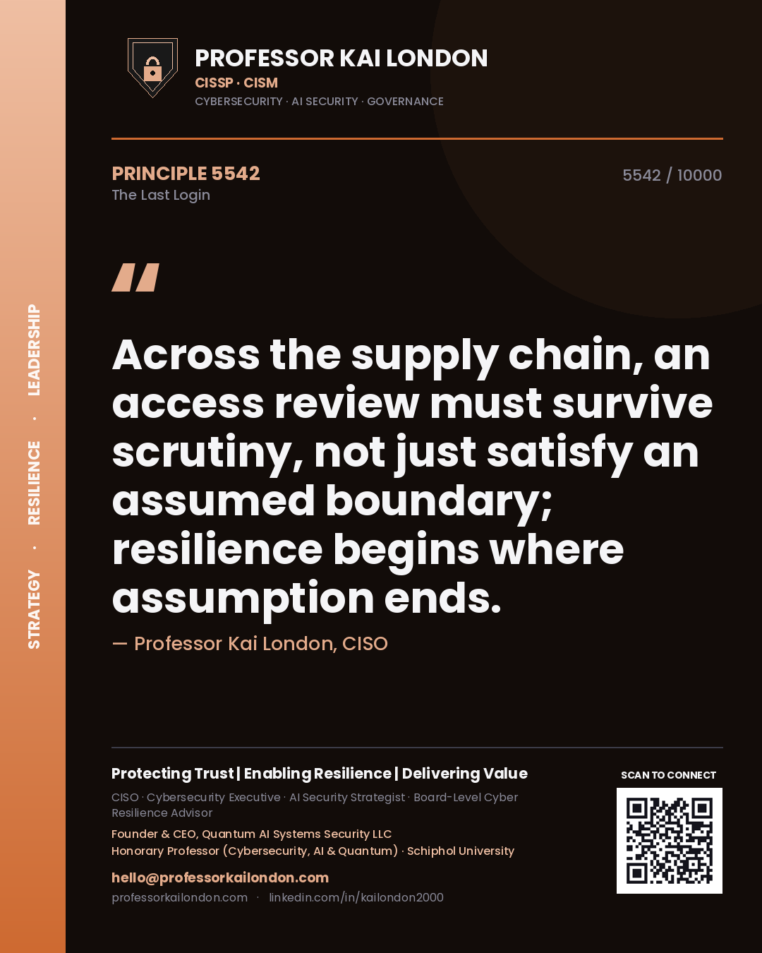 Professor Kai London principle 5542: Across the supply chain, an access review must survive scrutiny, not just satisfy an assumed boundary; resilience begins where assumption ends.