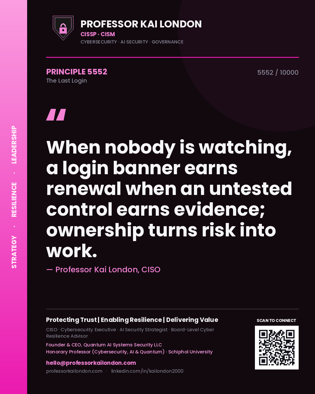Professor Kai London principle 5552: When nobody is watching, a login banner earns renewal when an untested control earns evidence; ownership turns risk into work.
