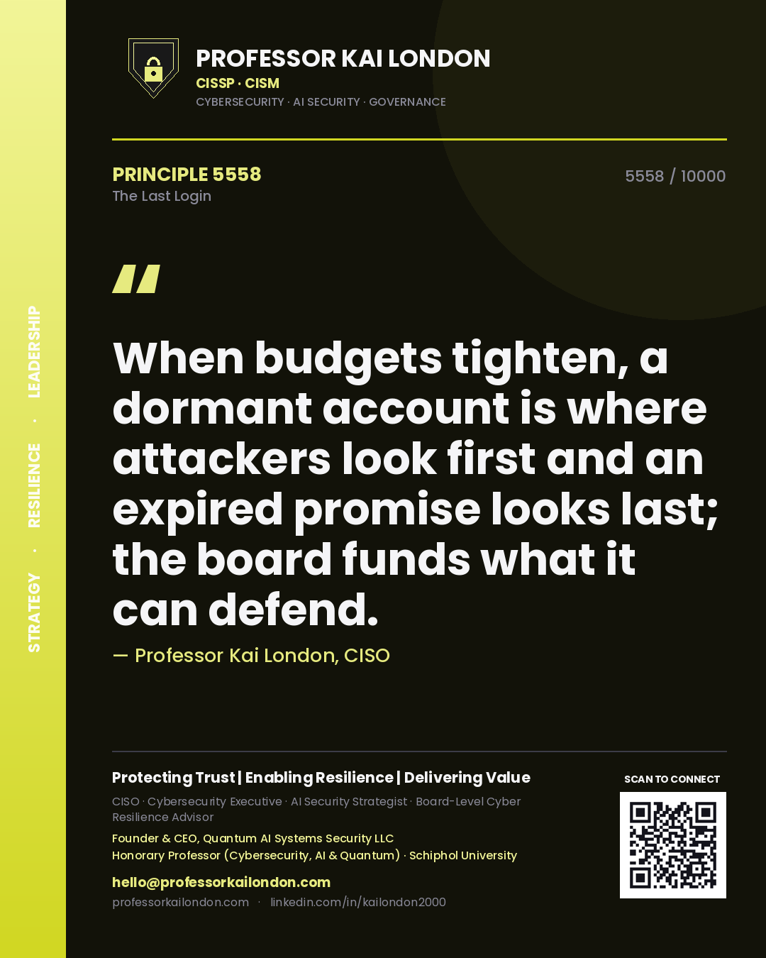 Professor Kai London principle 5558: When budgets tighten, a dormant account is where attackers look first and an expired promise looks last; the board funds what it can defend.