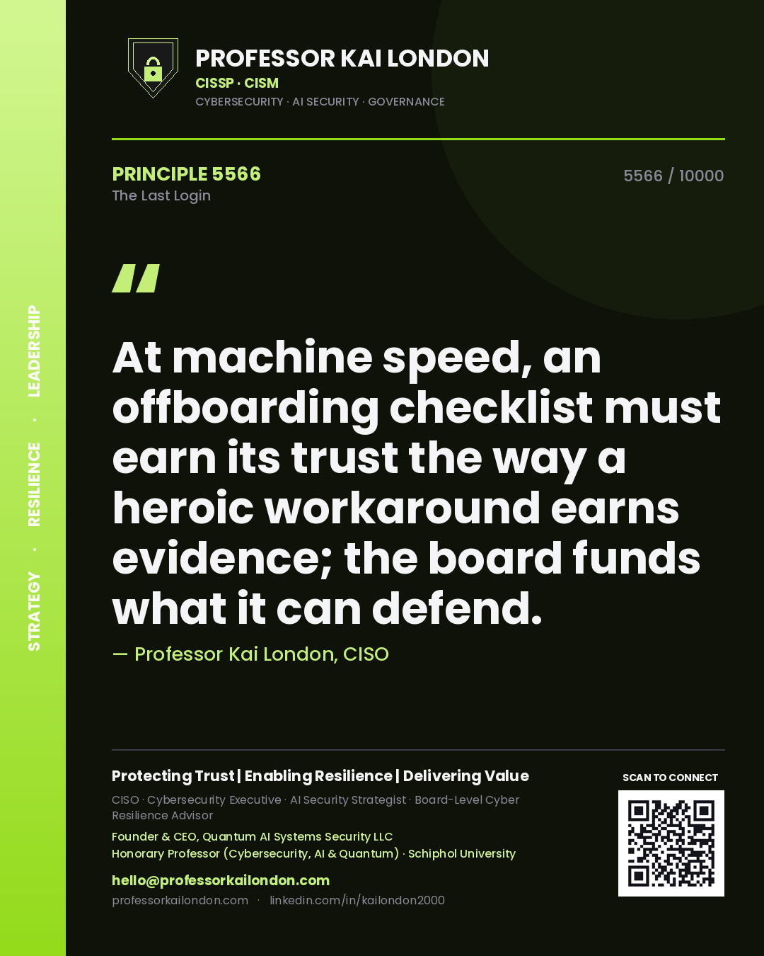 Professor Kai London principle 5566: At machine speed, an offboarding checklist must earn its trust the way a heroic workaround earns evidence; the board funds what it can defend.