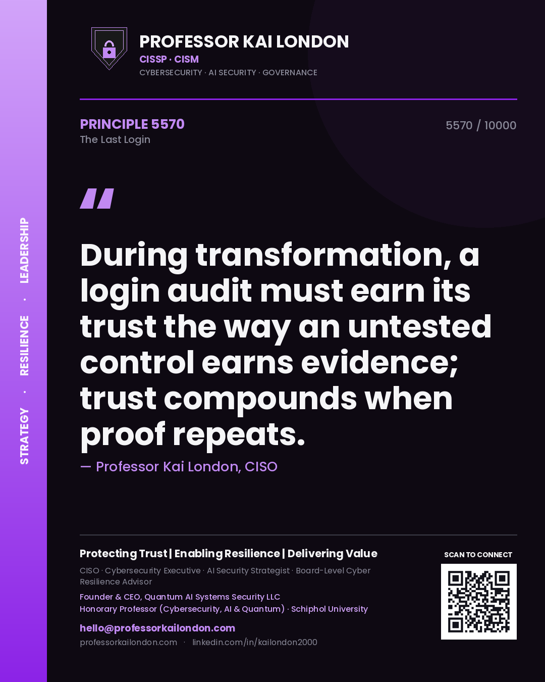 Professor Kai London principle 5570: During transformation, a login audit must earn its trust the way an untested control earns evidence; trust compounds when proof repeats.