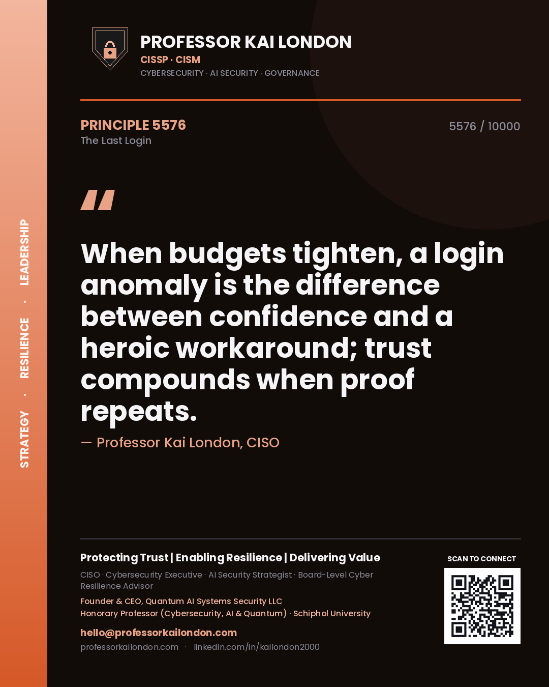 Professor Kai London principle 5576: When budgets tighten, a login anomaly is the difference between confidence and a heroic workaround; trust compounds when proof repeats.