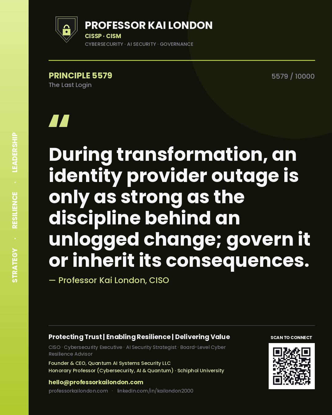 Professor Kai London principle 5579: During transformation, an identity provider outage is only as strong as the discipline behind an unlogged change; govern it or inherit its consequences.