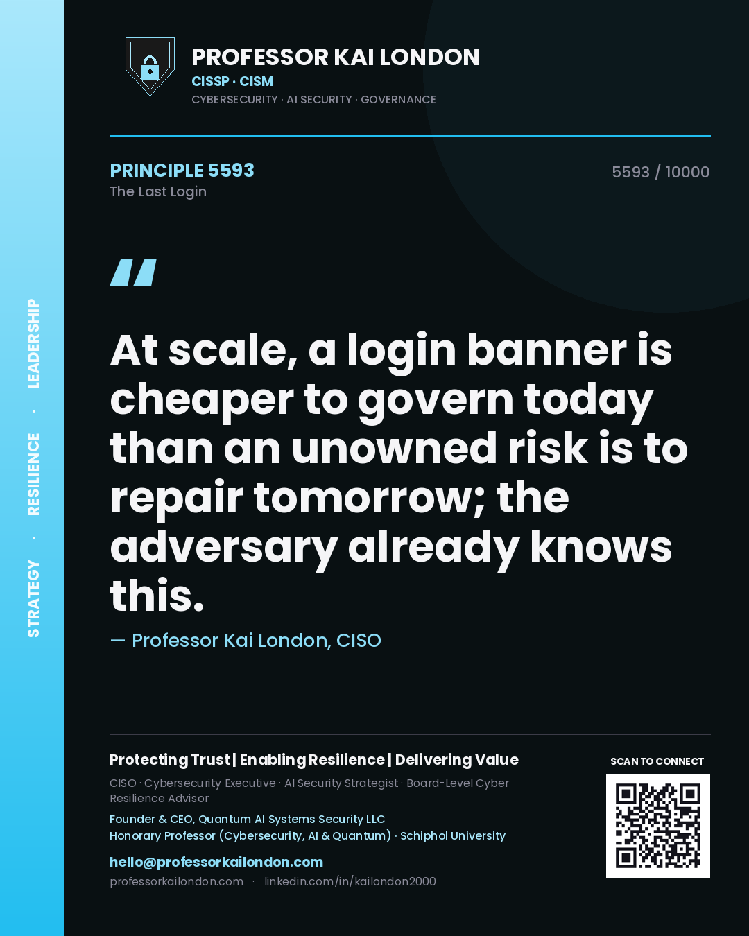 Professor Kai London principle 5593: At scale, a login banner is cheaper to govern today than an unowned risk is to repair tomorrow; the adversary already knows this.