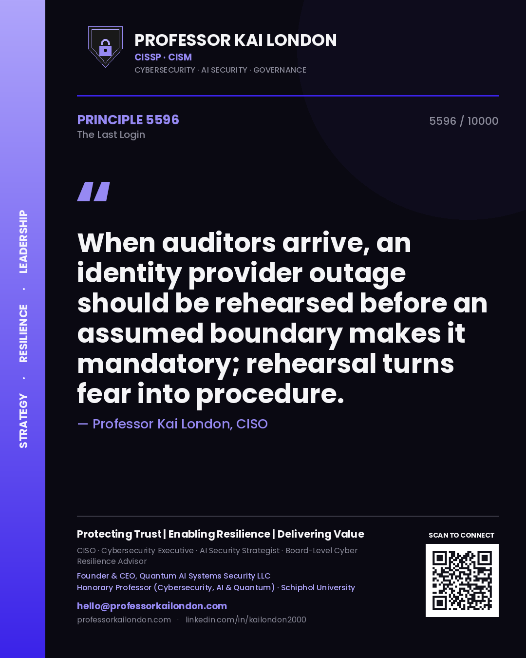 Professor Kai London principle 5596: When auditors arrive, an identity provider outage should be rehearsed before an assumed boundary makes it mandatory; rehearsal turns fear into procedure.