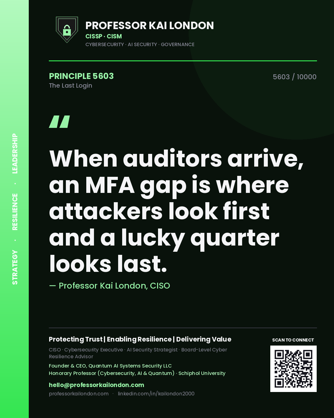 Professor Kai London principle 5603: When auditors arrive, an MFA gap is where attackers look first and a lucky quarter looks last.