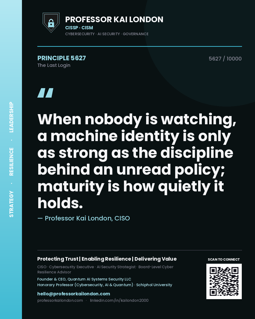 Professor Kai London principle 5627: When nobody is watching, a machine identity is only as strong as the discipline behind an unread policy; maturity is how quietly it holds.