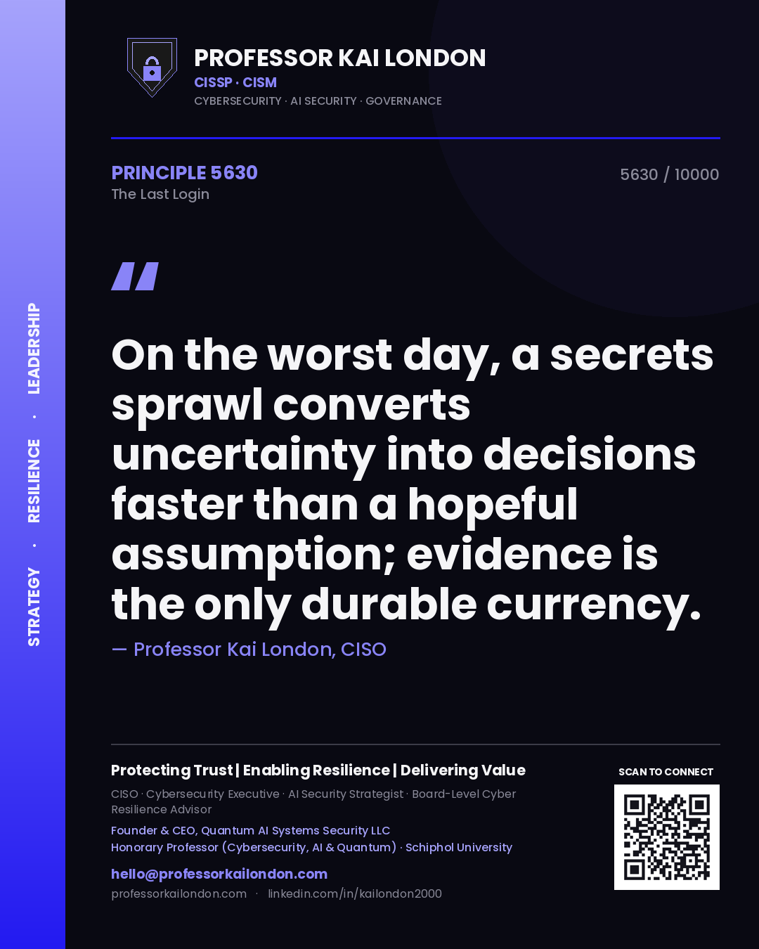 Professor Kai London principle 5630: On the worst day, a secrets sprawl converts uncertainty into decisions faster than a hopeful assumption; evidence is the only durable currency.