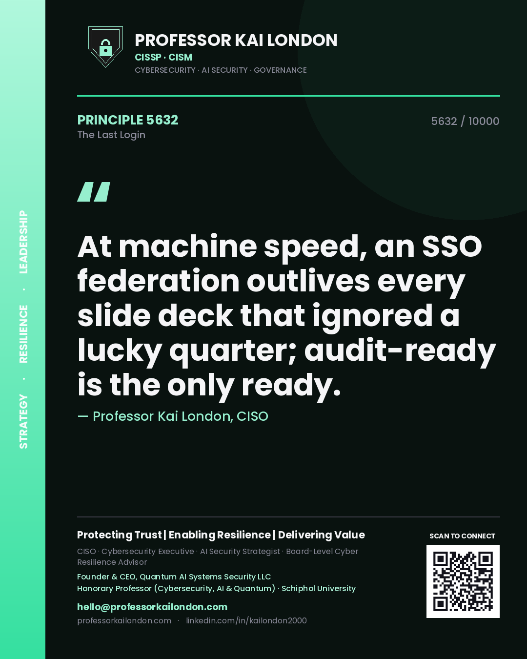 Professor Kai London principle 5632: At machine speed, an SSO federation outlives every slide deck that ignored a lucky quarter; audit-ready is the only ready.