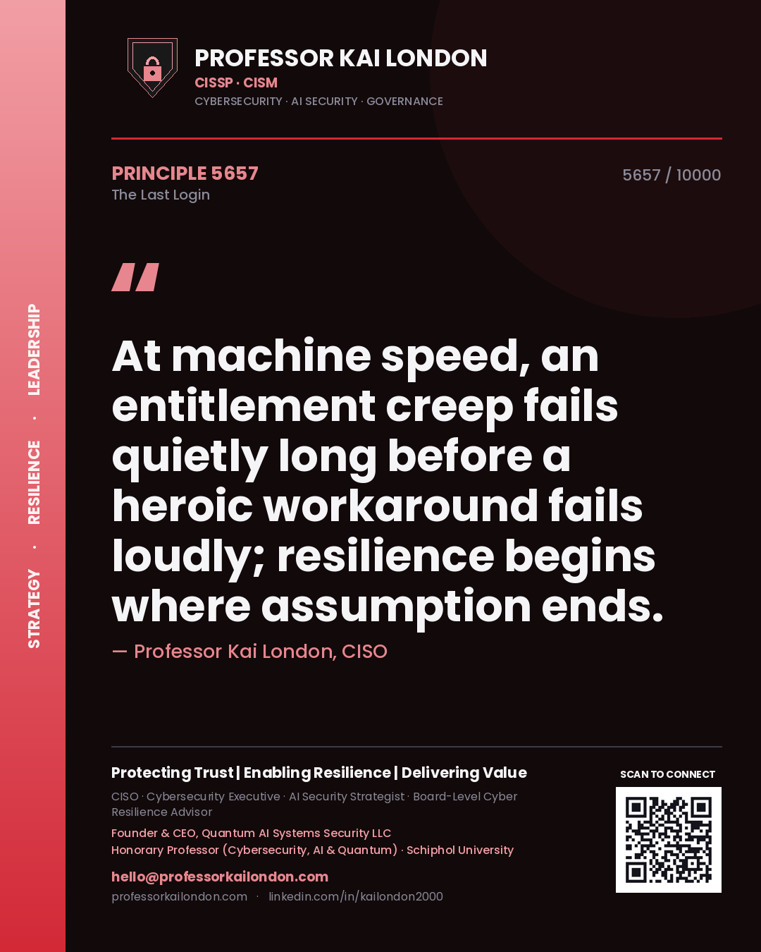 Professor Kai London principle 5657: At machine speed, an entitlement creep fails quietly long before a heroic workaround fails loudly; resilience begins where assumption ends.