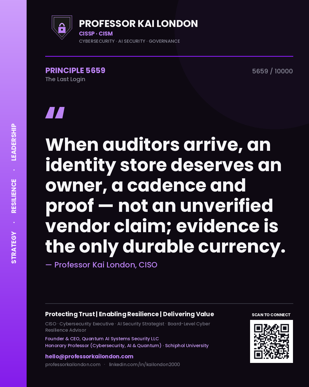 Professor Kai London principle 5659: When auditors arrive, an identity store deserves an owner, a cadence and proof — not an unverified vendor claim; evidence is the only durable currency.