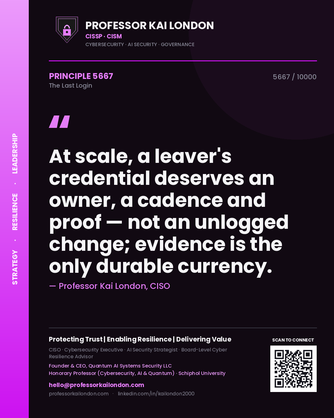 Professor Kai London principle 5667: At scale, a leaver's credential deserves an owner, a cadence and proof — not an unlogged change; evidence is the only durable currency.