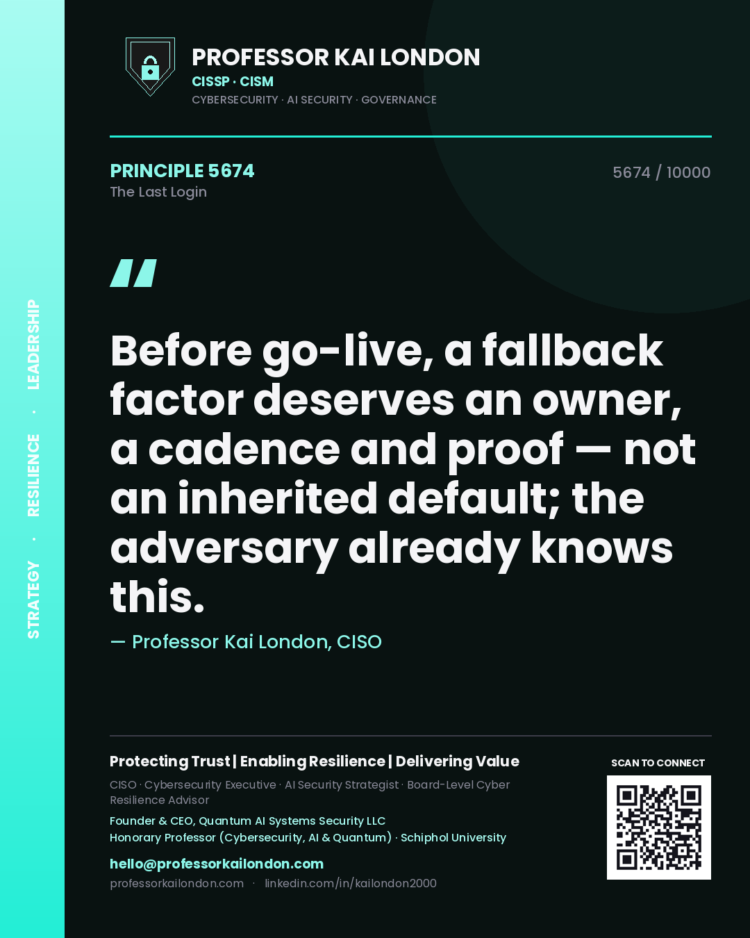 Professor Kai London principle 5674: Before go-live, a fallback factor deserves an owner, a cadence and proof — not an inherited default; the adversary already knows this.