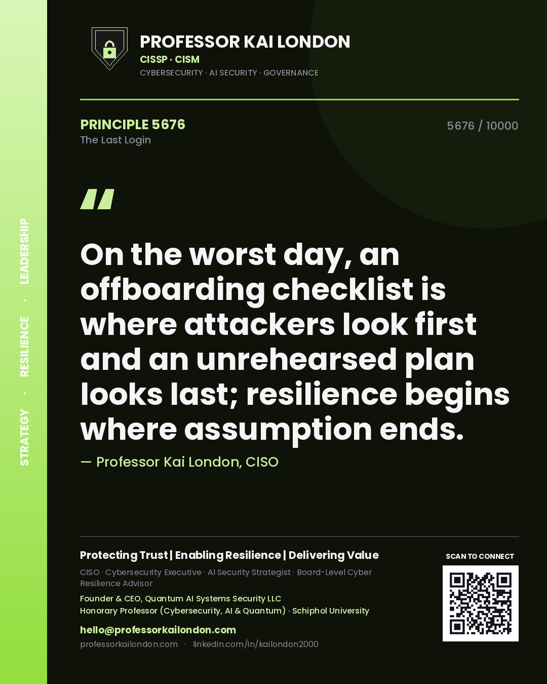 Professor Kai London principle 5676: On the worst day, an offboarding checklist is where attackers look first and an unrehearsed plan looks last; resilience begins where assumption ends.