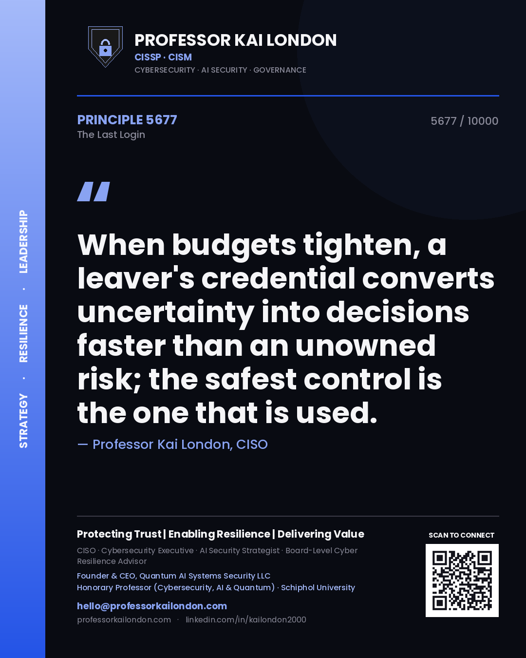 Professor Kai London principle 5677: When budgets tighten, a leaver's credential converts uncertainty into decisions faster than an unowned risk; the safest control is the one that is used.