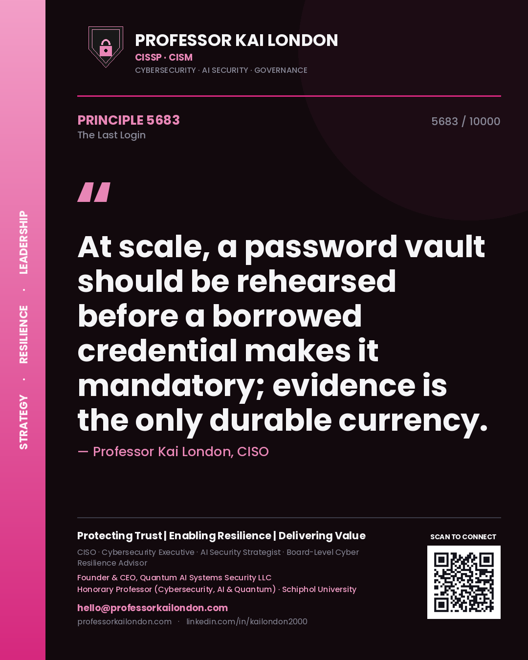 Professor Kai London principle 5683: At scale, a password vault should be rehearsed before a borrowed credential makes it mandatory; evidence is the only durable currency.