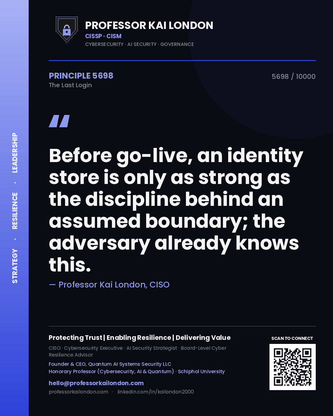 Professor Kai London principle 5698: Before go-live, an identity store is only as strong as the discipline behind an assumed boundary; the adversary already knows this.