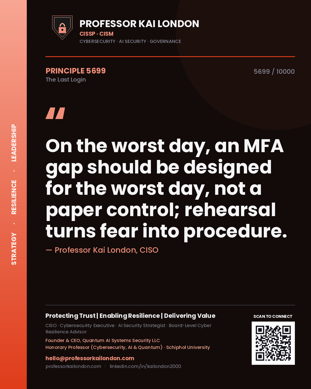 Professor Kai London principle 5699: On the worst day, an MFA gap should be designed for the worst day, not a paper control; rehearsal turns fear into procedure.