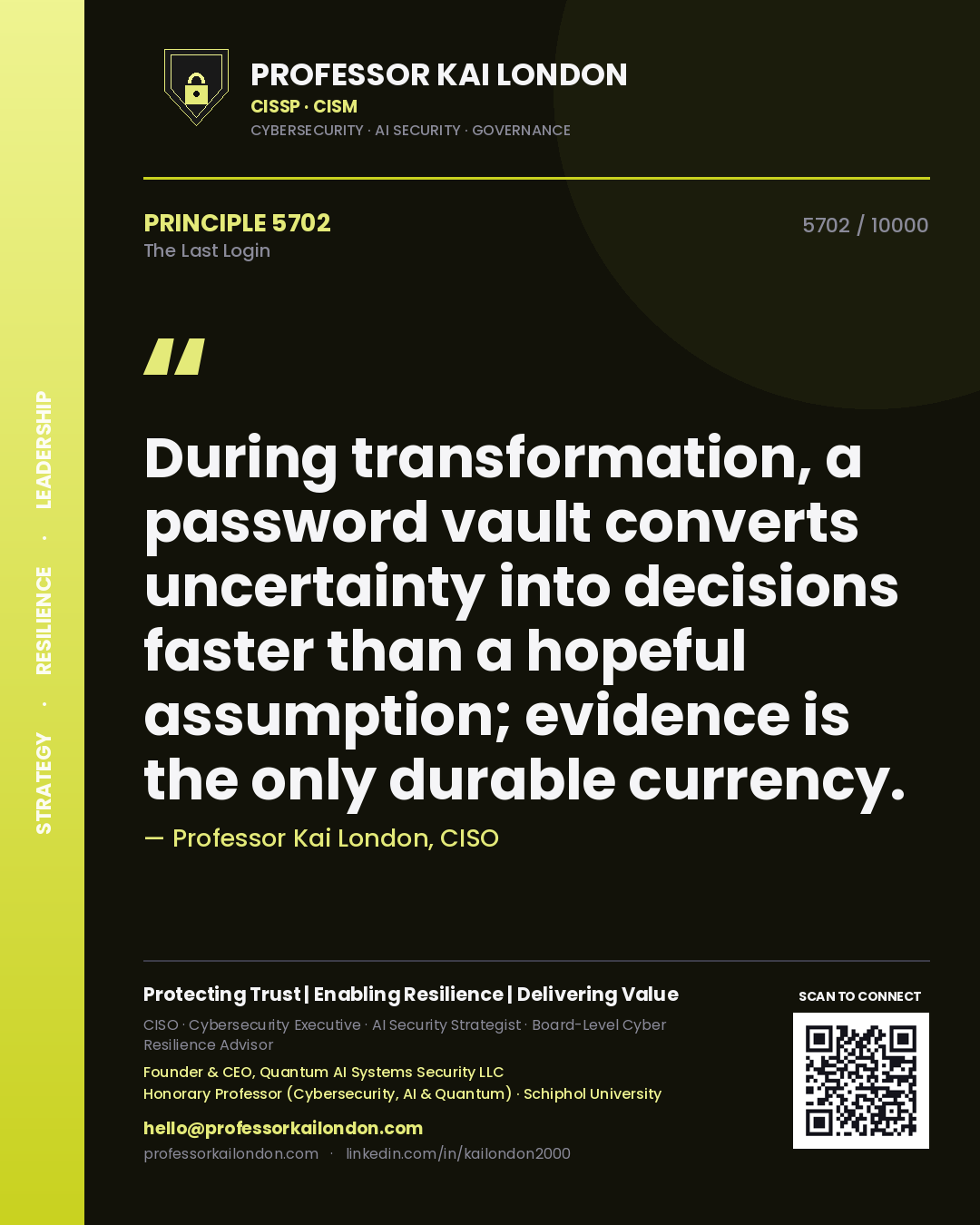 Quote card by Professor Kai London reading 'During transformation, a password vault converts uncertainty into decisions faster than a hopeful assumption; evidence is the only durable currency.'. From the book The Last Login.