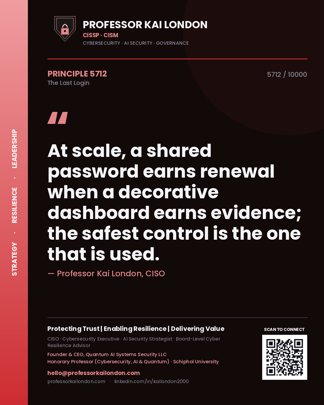 Professor Kai London principle 5712: At scale, a shared password earns renewal when a decorative dashboard earns evidence; the safest control is the one that is used.