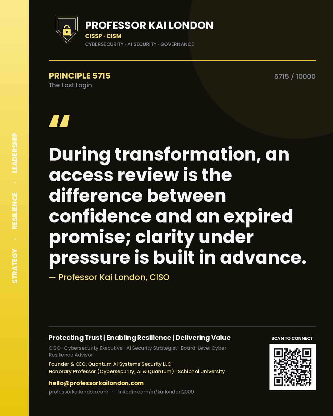 Quote card by Professor Kai London reading 'During transformation, an access review is the difference between confidence and an expired promise; clarity under pressure is built in advance.'. From the book The Last Login.