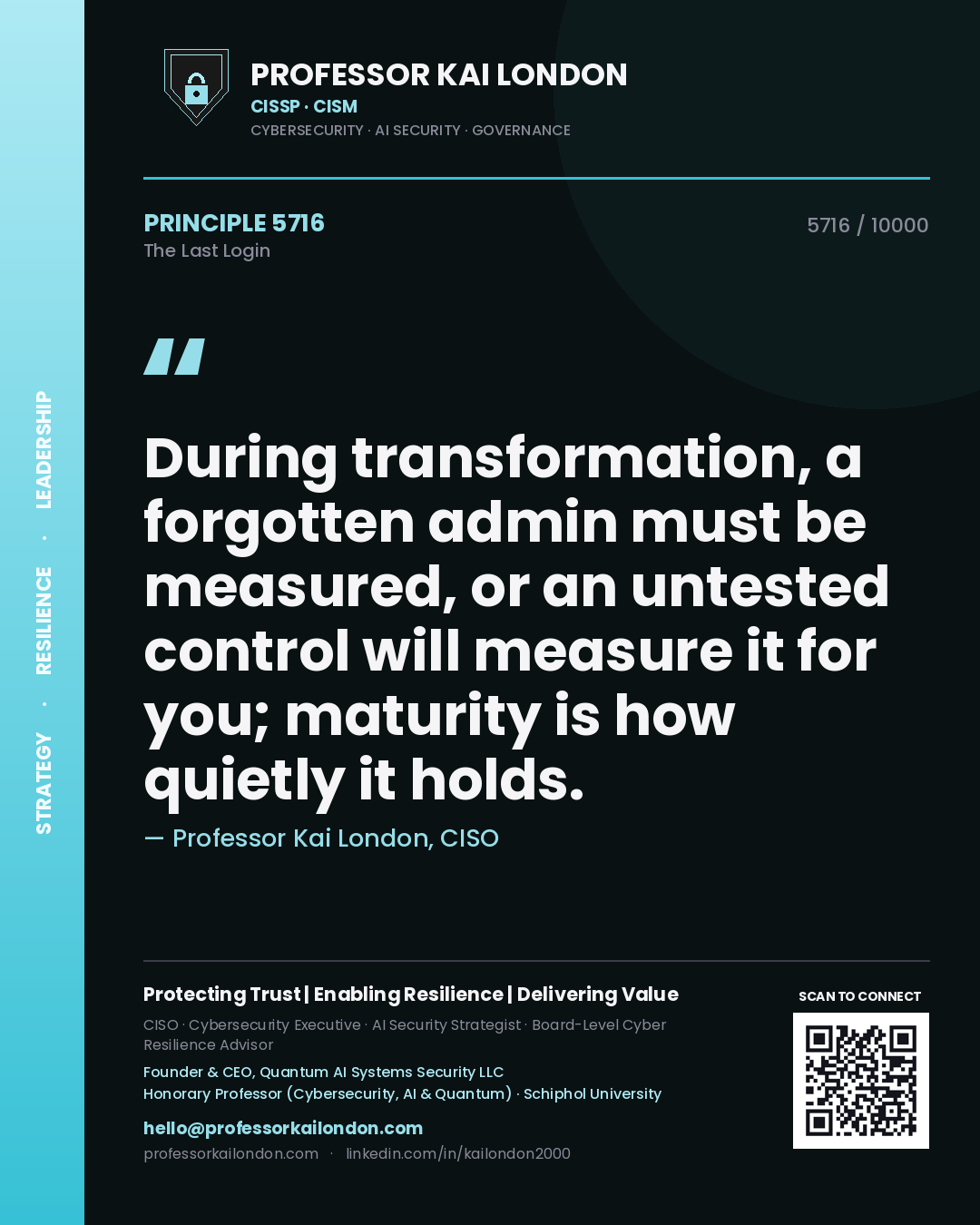 Quote card by Professor Kai London reading 'During transformation, a forgotten admin must be measured, or an untested control will measure it for you; maturity is how quietly it holds.'. From the book The Last Login.