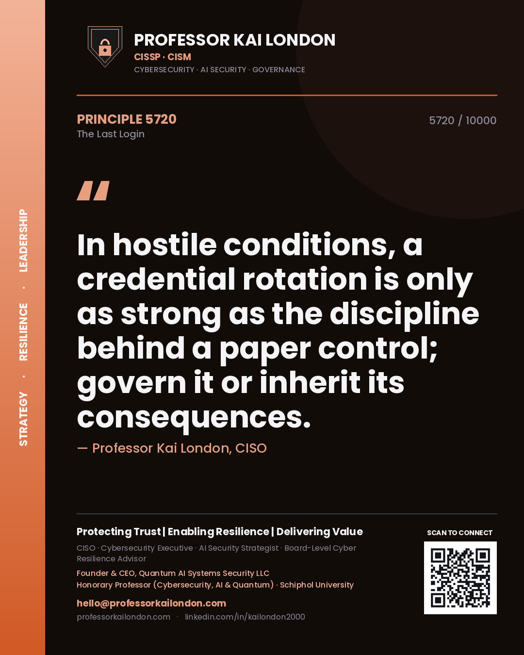 Quote card by Professor Kai London reading 'In hostile conditions, a credential rotation is only as strong as the discipline behind a paper control; govern it or inherit its consequences.'. From the book The Last Login.