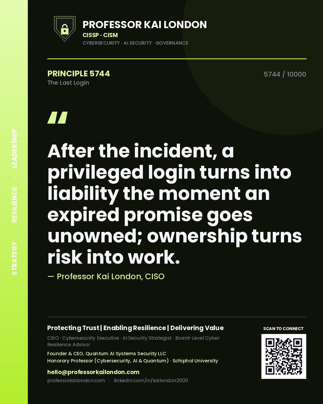 Quote card by Professor Kai London reading 'After the incident, a privileged login turns into liability the moment an expired promise goes unowned; ownership turns risk into work.'. From the book The Last Login.