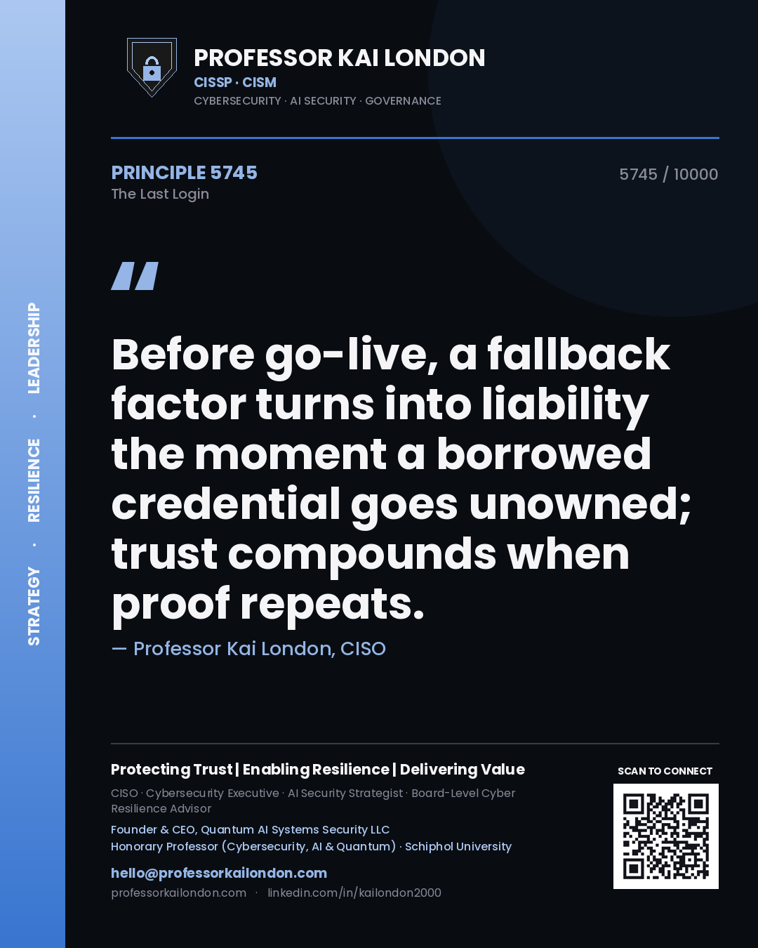 Quote card by Professor Kai London reading 'Before go-live, a fallback factor turns into liability the moment a borrowed credential goes unowned; trust compounds when proof repeats.'. From the book The Last Login.
