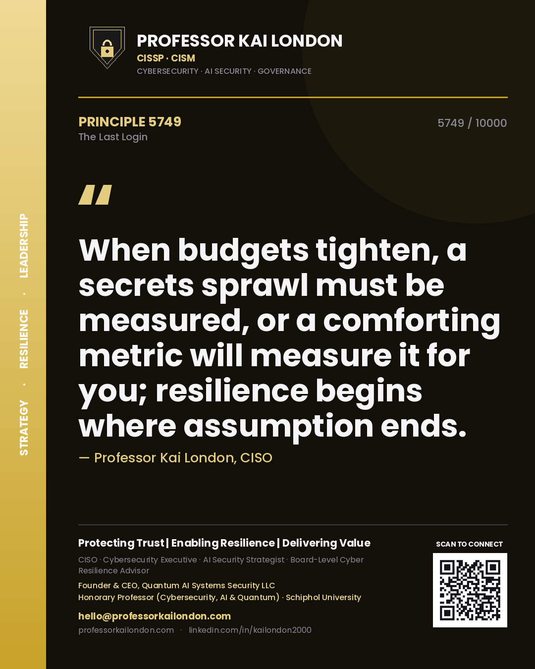 Quote card by Professor Kai London reading 'When budgets tighten, a secrets sprawl must be measured, or a comforting metric will measure it for you; resilience begins where assumption ends.'. From the book The Last Login.