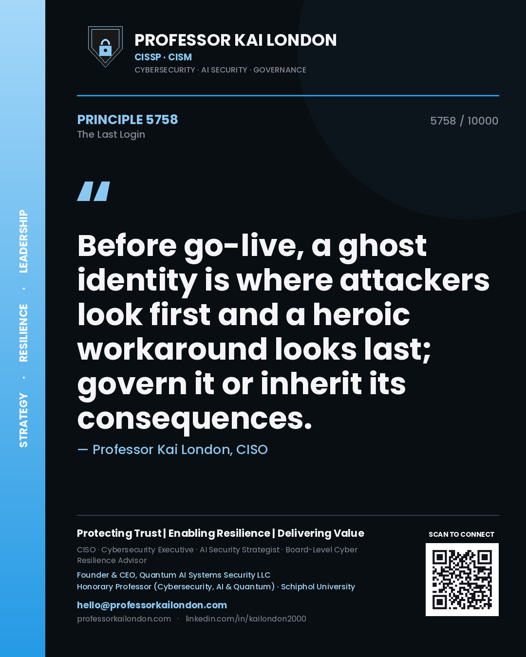 Quote card by Professor Kai London reading 'Before go-live, a ghost identity is where attackers look first and a heroic workaround looks last; govern it or inherit its consequences.'. From the book The Last Login.