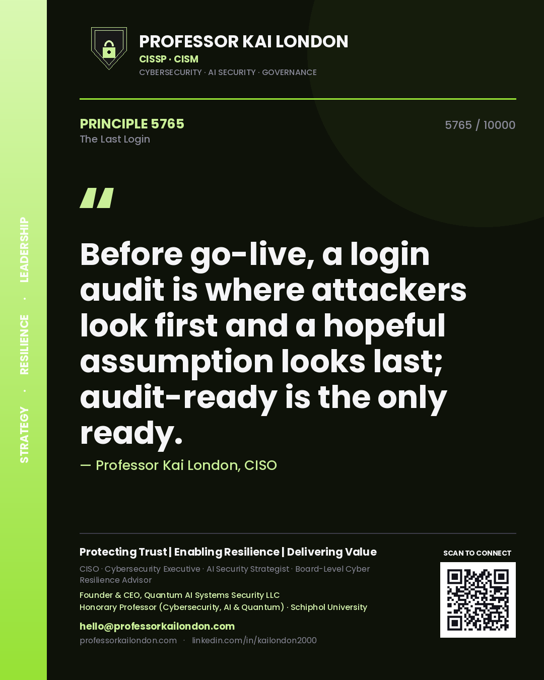 Professor Kai London principle 5765: Before go-live, a login audit is where attackers look first and a hopeful assumption looks last; audit-ready is the only ready.