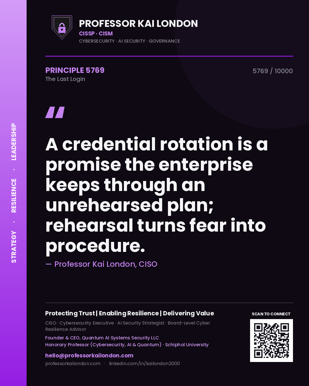 Quote card by Professor Kai London reading 'A credential rotation is a promise the enterprise keeps through an unrehearsed plan; rehearsal turns fear into procedure.'. From the book The Last Login.