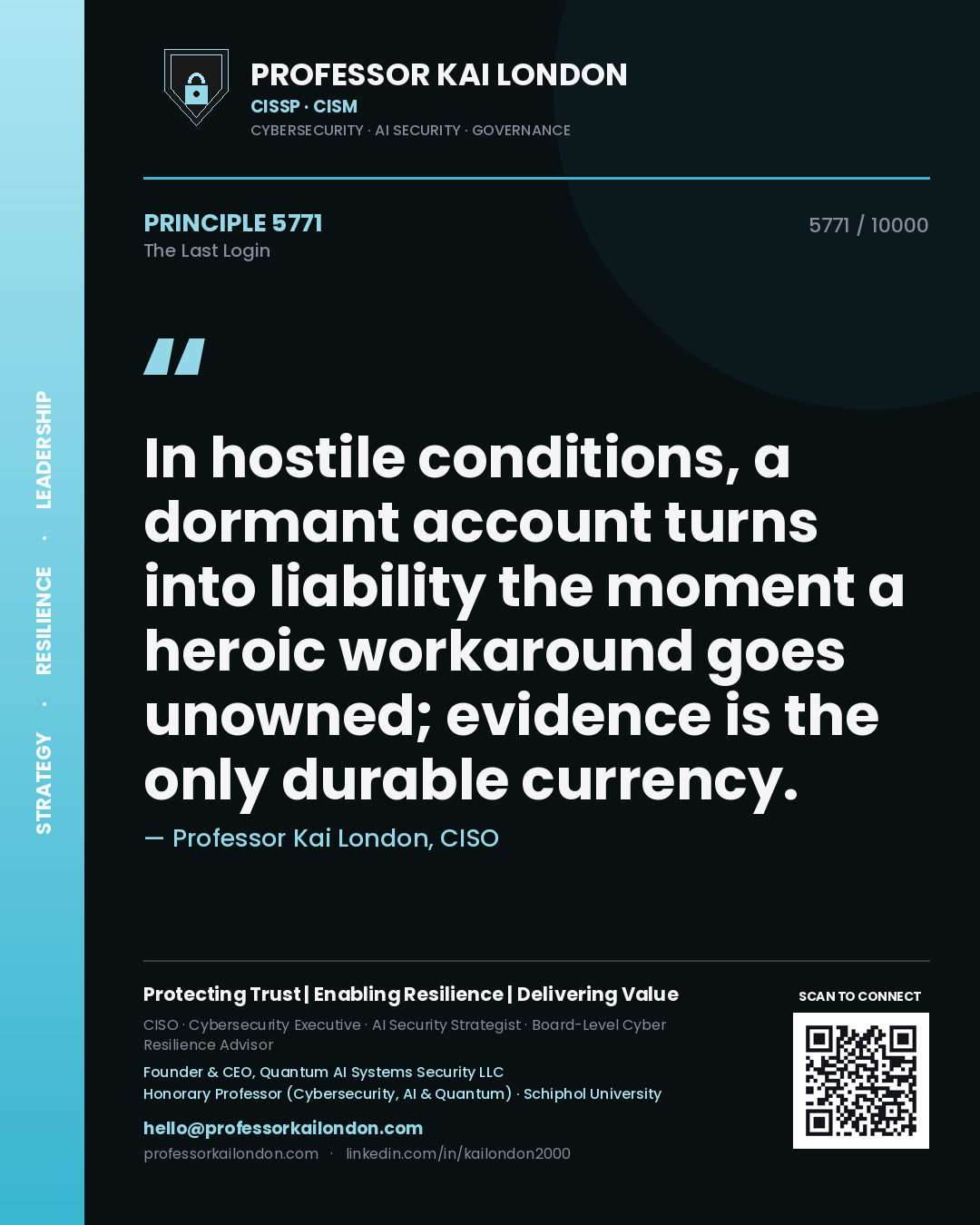 Professor Kai London principle 5771: In hostile conditions, a dormant account turns into liability the moment a heroic workaround goes unowned; evidence is the only durable currency.